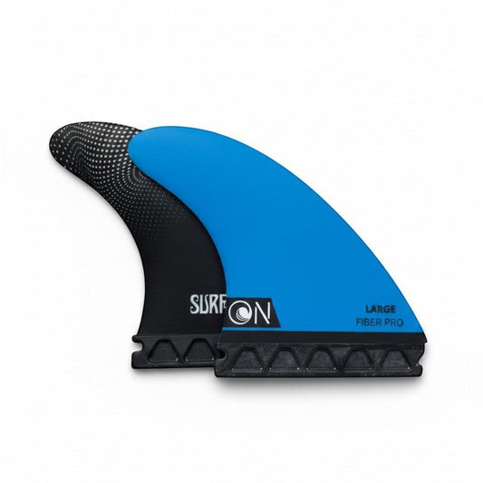 Surf's Up Shop x On Wave blue and black performance surfboard fins, large size, fiber pro construction.