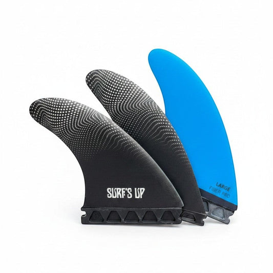 Surf's Up Shop black and blue tri-fin surfboard fins with white dot pattern on black fins. Performance fins for control and speed.
