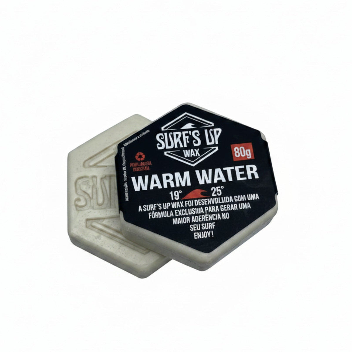 Surf's Up Shop warm water surf wax, hexagonal shape, 80g, for water temperatures 19-25°C.