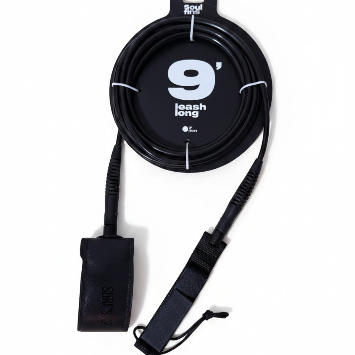 Surf's Up Shop black 9' long leash with 7mm cord and neoprene ankle strap for maximum safety and comfort.