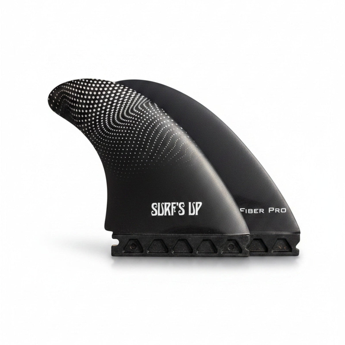 Surf's Up Shop black biquilha surfboard fins with white dot pattern and 'FIBER PRO' text.