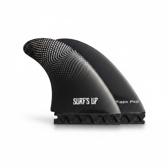 Surf's Up Shop black biquilha surfboard fins with white dot pattern and 'FIBER PRO' text.