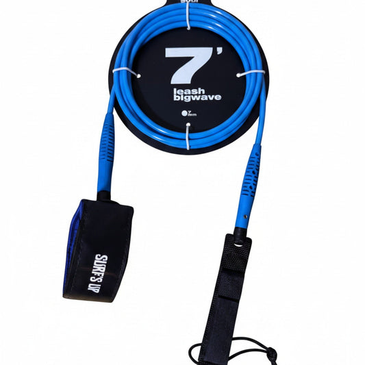 Surf's Up Shop blue 7' leash with 7mm cord, neoprene ankle strap, and swivel to prevent tangling.