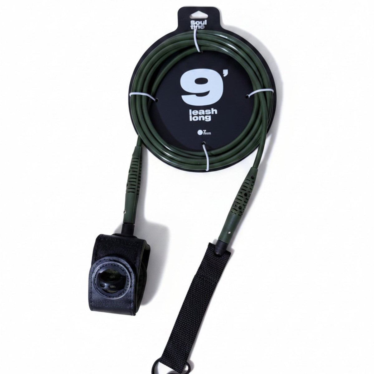 Surf's Up Shop green 9' long leash with 7mm cord and black neoprene ankle strap for surfing.
