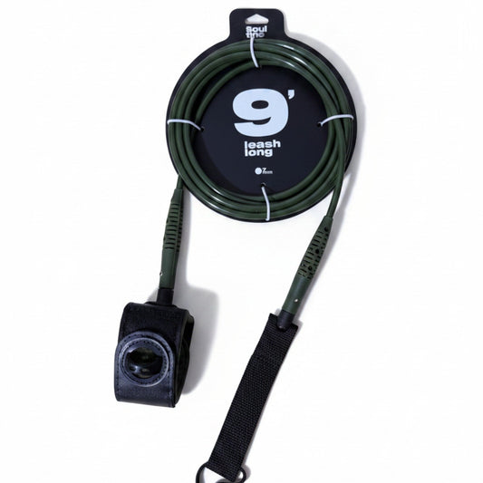 Surf's Up Shop green 9' long leash with 7mm cord and black neoprene ankle strap for surfing.