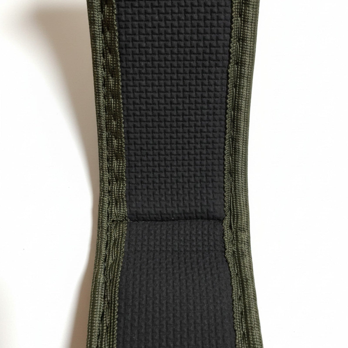 Surf's Up Shop Pro leash with black textured neoprene and olive green fabric trim. Designed for maximum safety and comfort.