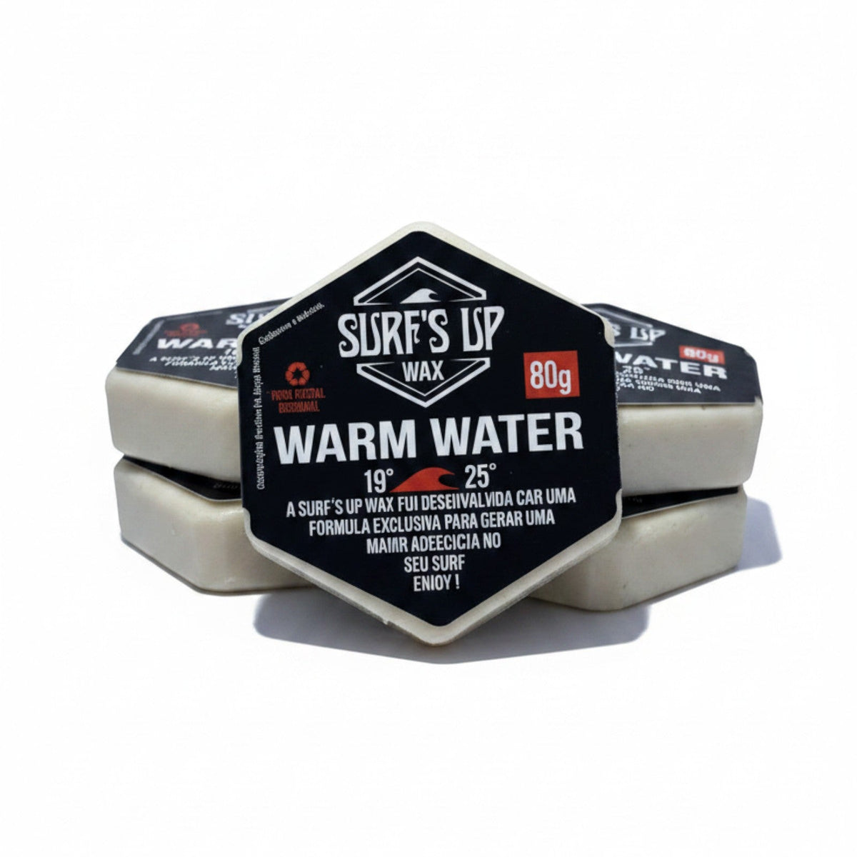 Surf's Up Shop warm water surf wax for 19-25°C water temperatures. Hexagonal bar with black and white packaging.